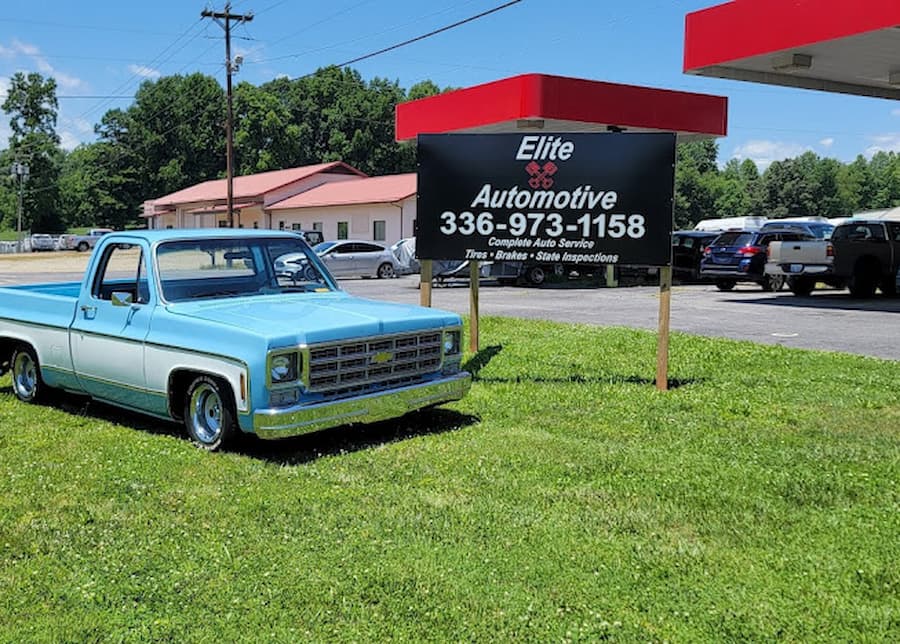 Elite Automotive shop on US-421 in Wilkesboro NC with classic truck out front